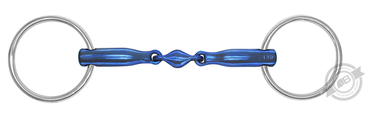 Full view of the Bombers Titanium Elliptical Double Jointed Loose Ring Snaffle on a white background