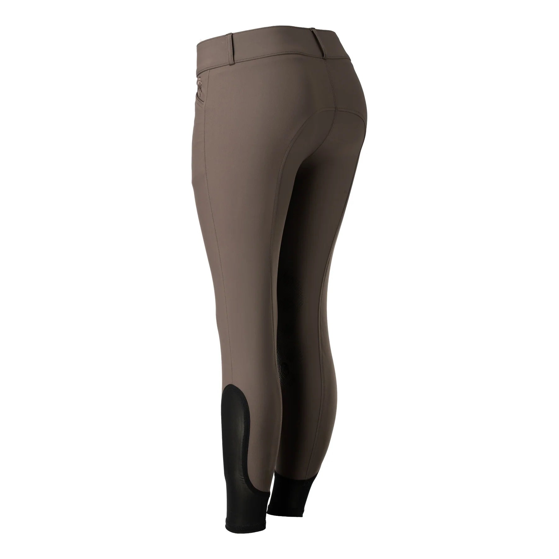 Angled back view of the Dark Brown Equinavia Maud Tech Knee Patch Breeches on a plain background