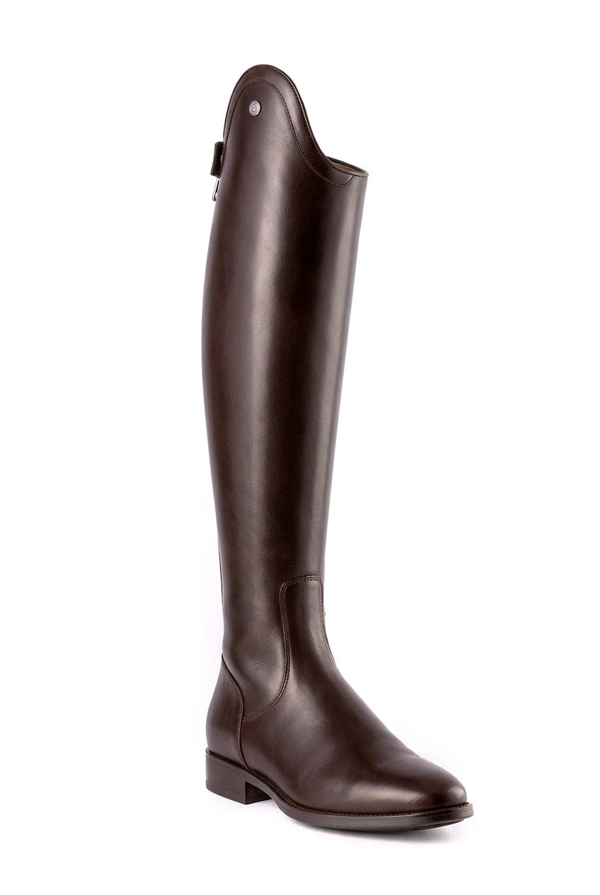 smooth brown leather tall boot shown on plain white background