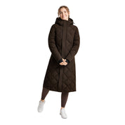 Front view of a female model wearing the Turkish Coffee B Vertigo Gem Waxed Padded Long Coat on a white background
