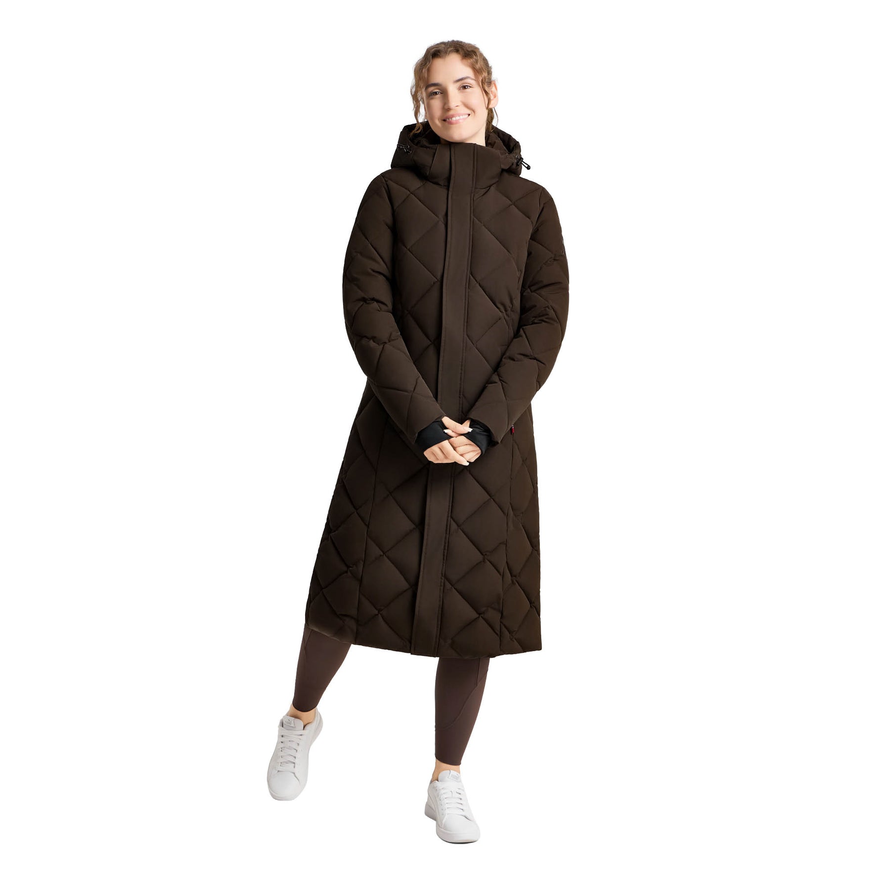 Front view of a female model wearing the Turkish Coffee B Vertigo Gem Waxed Padded Long Coat on a white background
