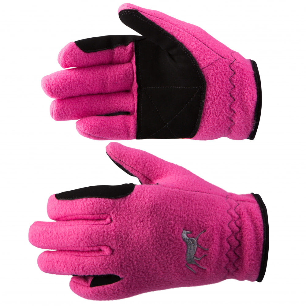 Side-by-side front and back views of the Deep Coral Pink Horze Kids Fleece Gloves on a white background 