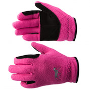 Side-by-side front and back views of the Deep Coral Pink Horze Kids Fleece Gloves on a white background 