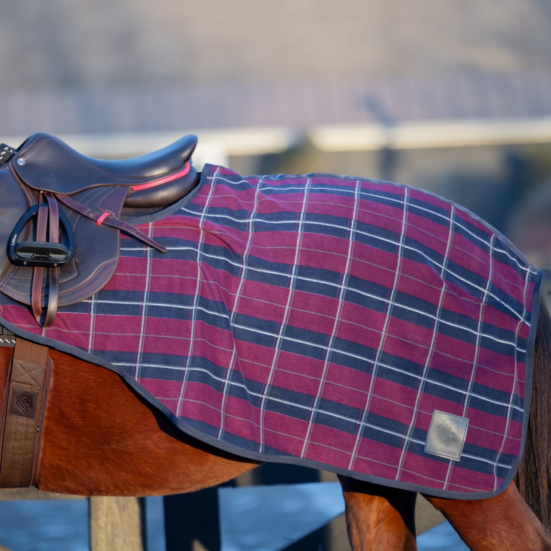 Side view of a bay horse wearing the Burgundy/Navy Equinavia Norse Fleece Quarter Sheet while standing outside