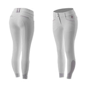 Full view of the White/Orchid Equinavia Victoria Knee Patch Breeches on a plain background