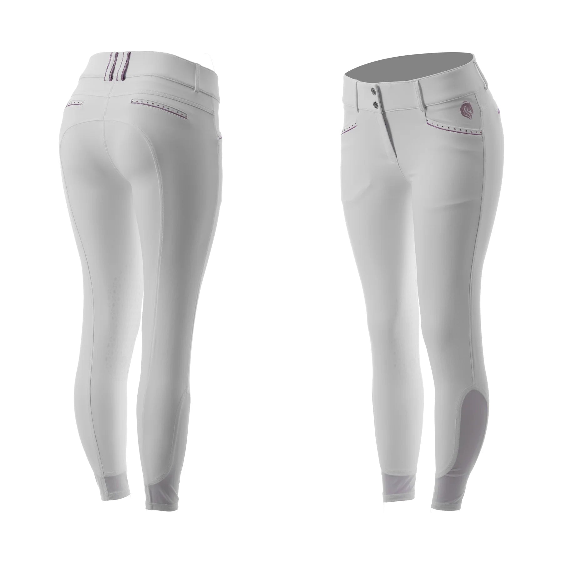 Full view of the White/Orchid Equinavia Victoria Knee Patch Breeches on a plain background
