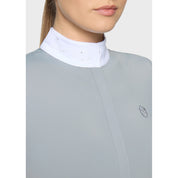 Close-up front view of a female model wearing the Grey Samshield Rosaline Premium Short Sleeve Show Shirt on a plain background