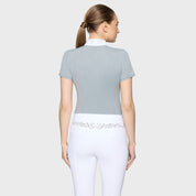 Back view of a female model wearing the Grey Samshield Rosaline Premium Short Sleeve Show Shirt on a plain background