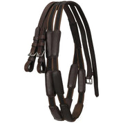 Brown reins with padded stops shown coiled on a white background