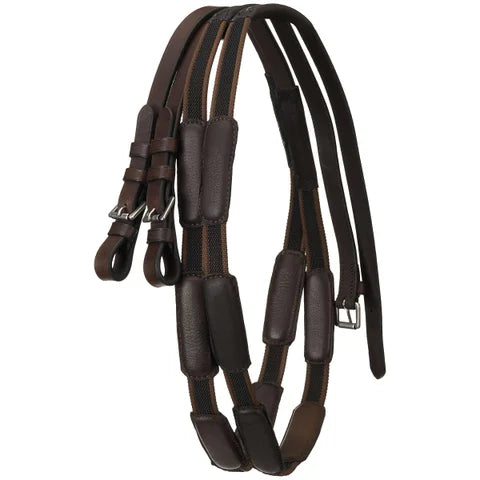 Brown reins with padded stops shown coiled on a white background