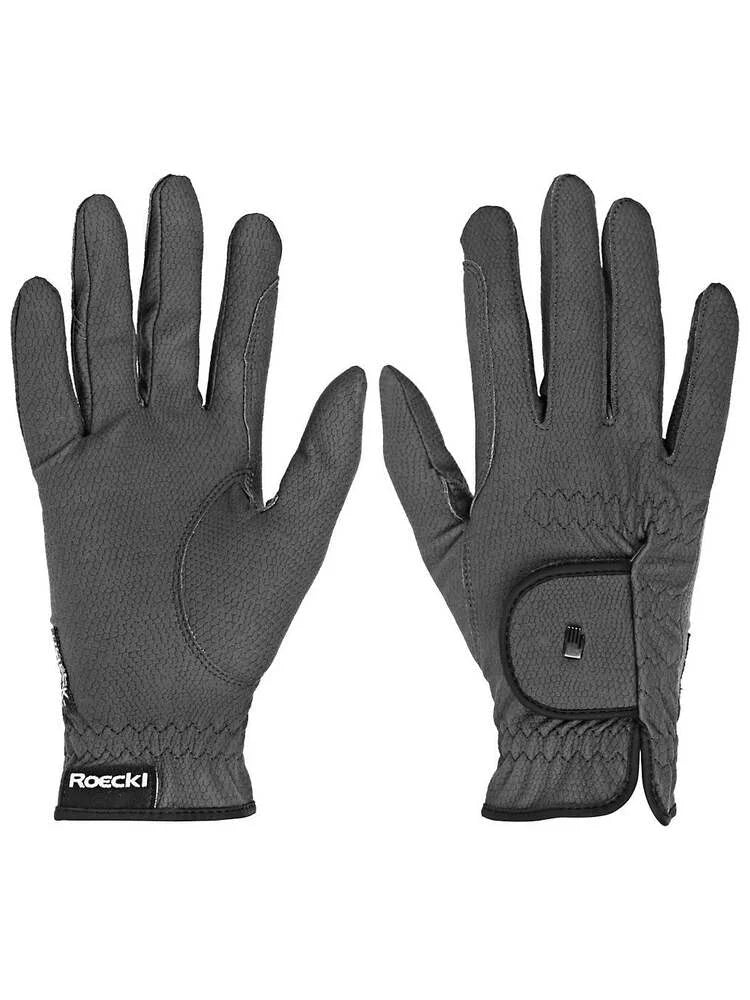 Side-by-side front and back views of the gray Roeckl Sports Original Roeck-Grip Riding Gloves on a white background