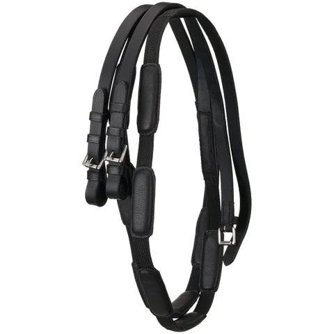 Black reins with padded stops shown coiled on a white background