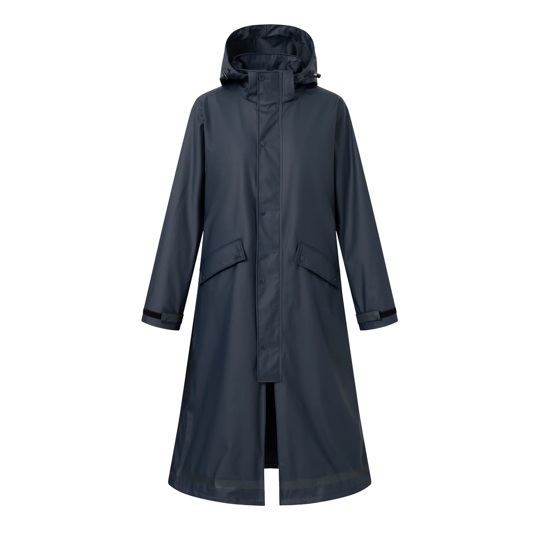 Front view of the Navy Horze Hazel Womens Long Raincoat on a plain background