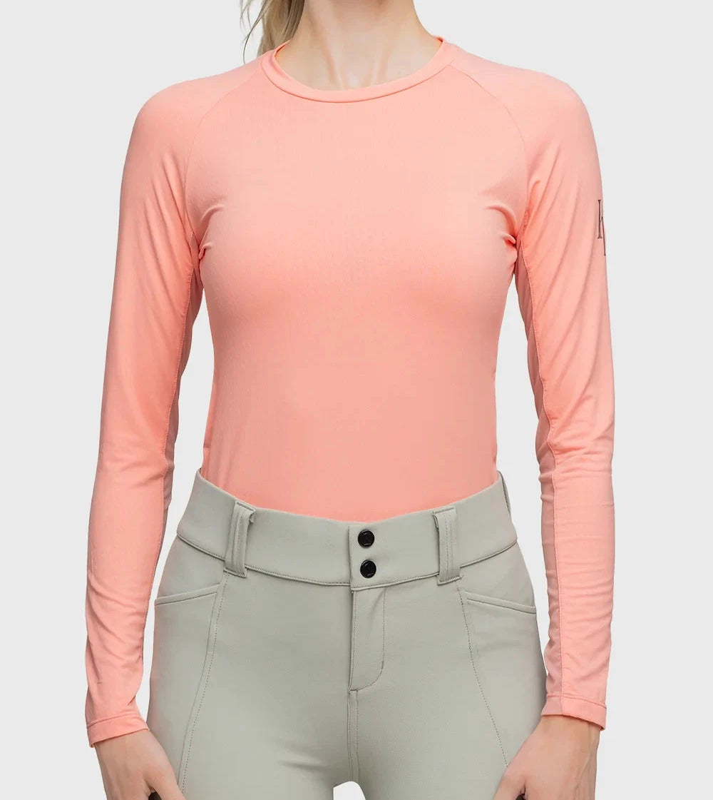 Front view of a model wearing the Kastel Coral Monogram Crewneck Long Sleeve Shirt on a plain background