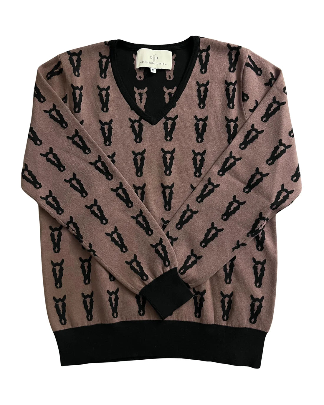 Front view of the Saddle/Black Deinhardt Designs Varsity Sweater on a white background