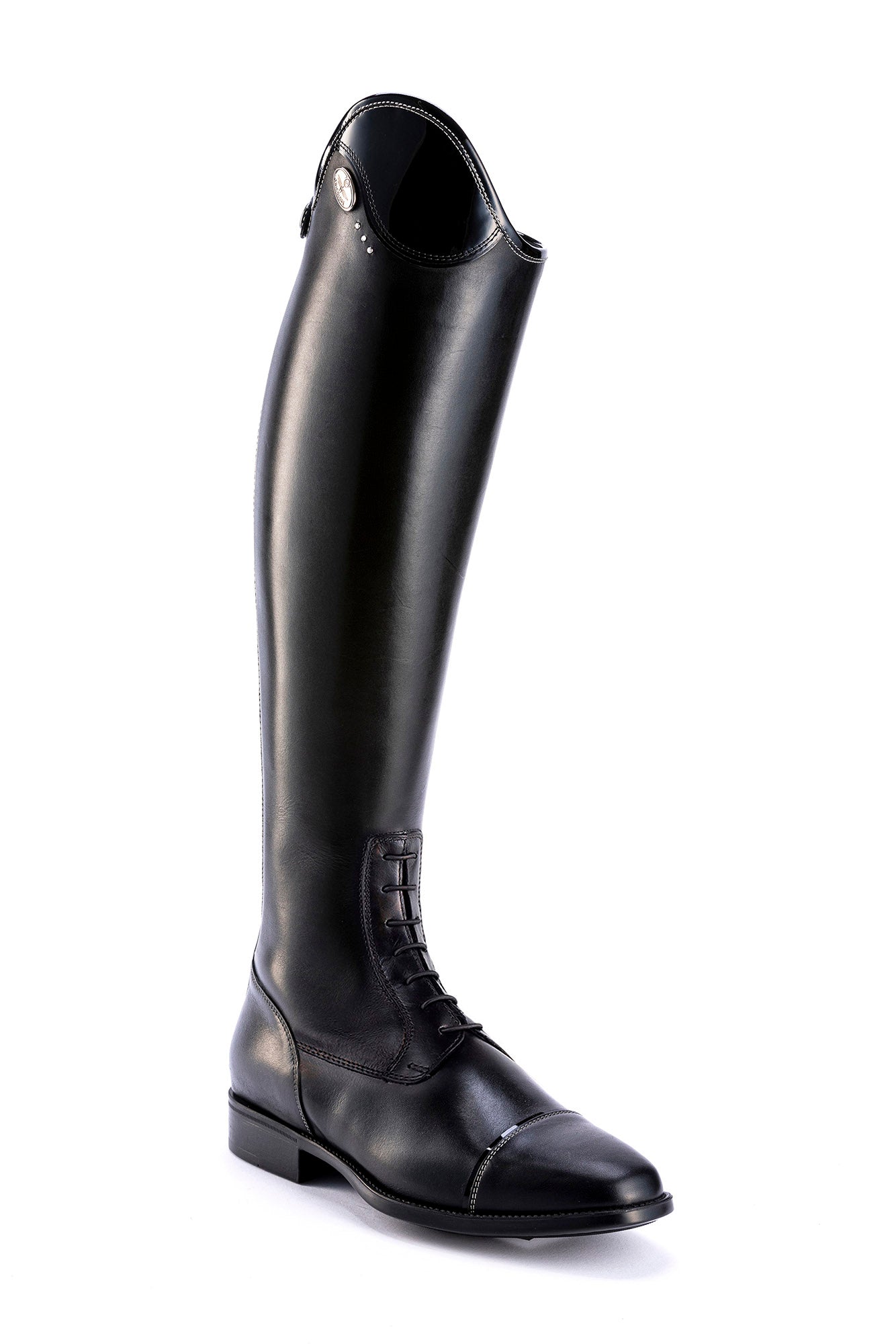 Smooth black leather tall boot with laces shown on plain white background
