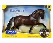View of the Breyer Salvino Horse in its original box on a white background