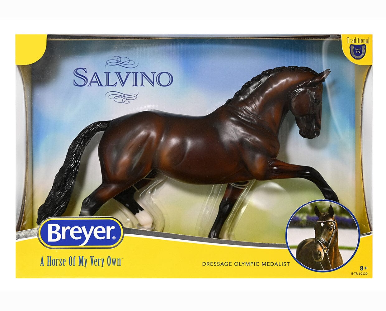 View of the Breyer Salvino Horse in its original box on a white background