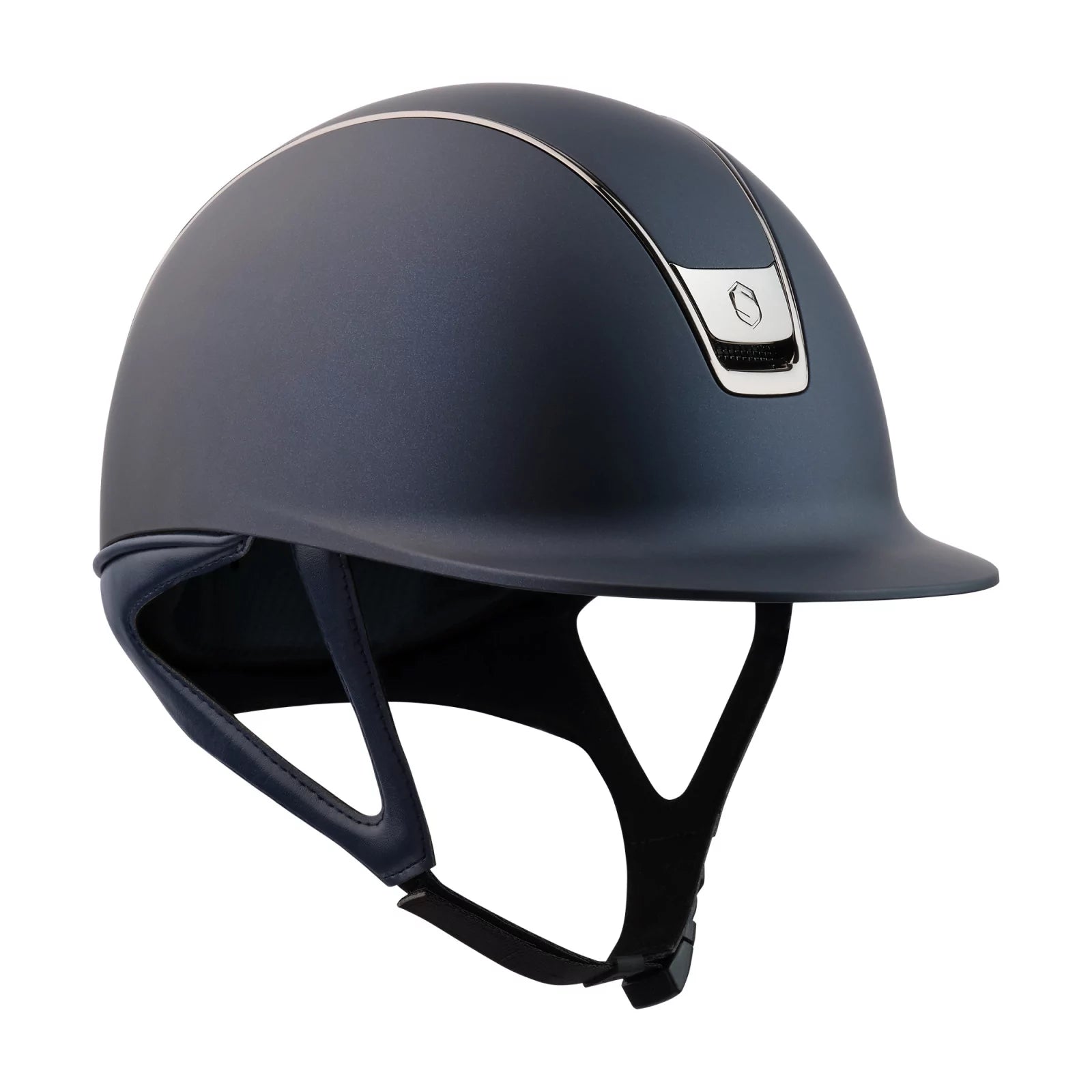 Angled front view of the Blue/Chrome Samshield Shadowmatt 2.0 Helmet on a white background
