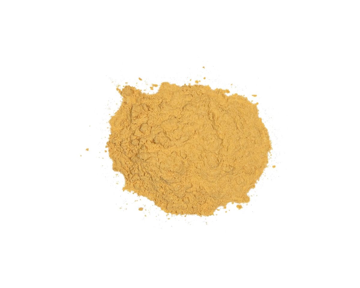 View of a small pile of Equine Elixirs Sea Buckthorn powder on a plain background
