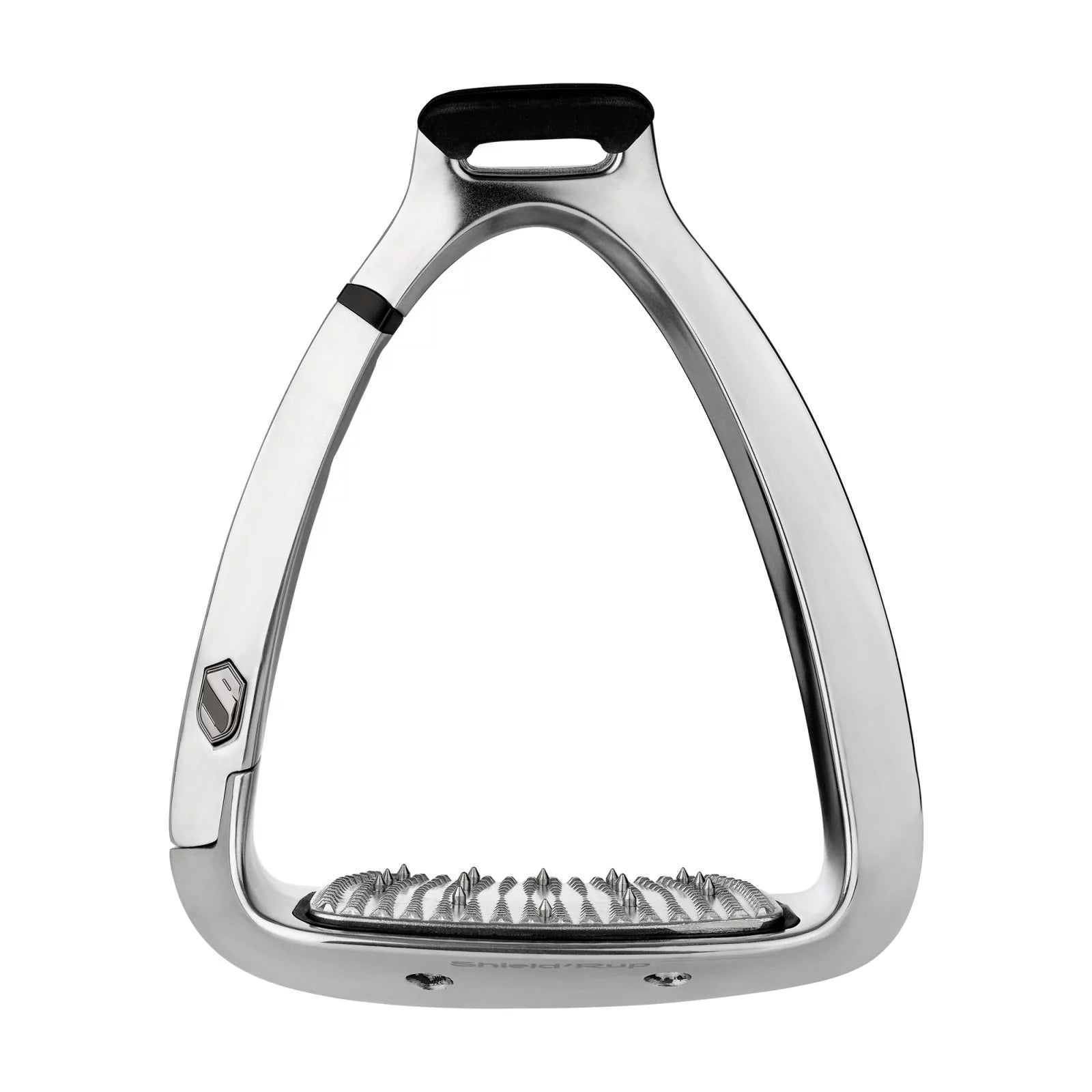 Front view of the brushed aluminum Samshield Shield'Rup Stirrup on a white background