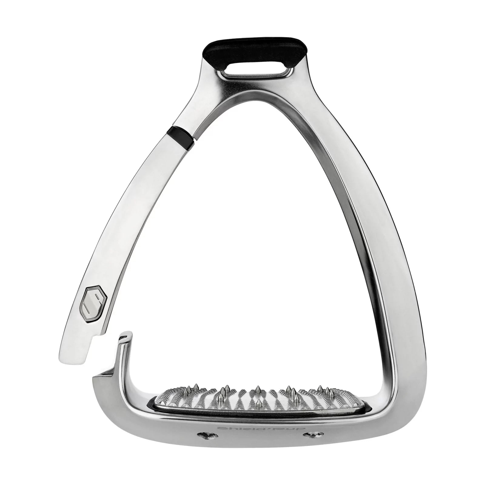 Front view of the brushed aluminum Samshield Shield'Rup Stirrup on a white background