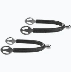 Metal riding spurs with black rubber coating shown on a plain white background