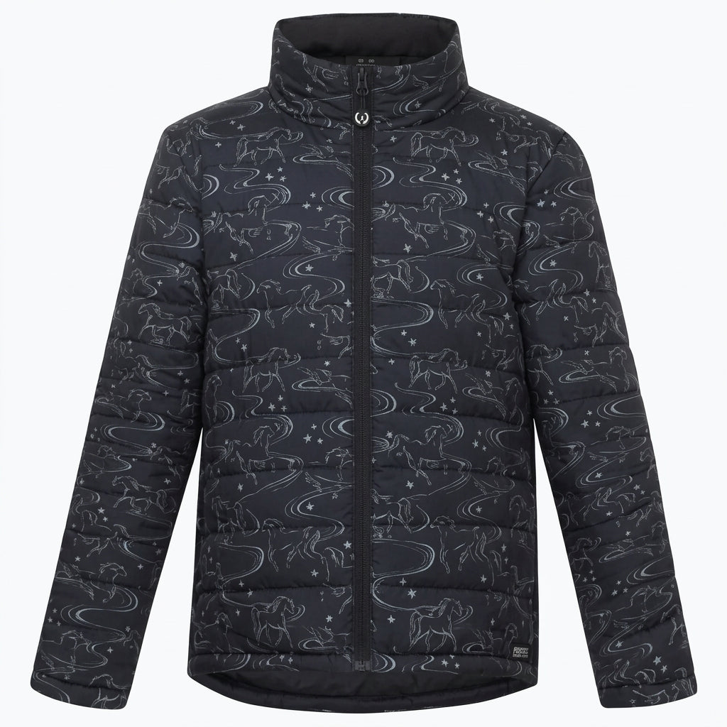 Youth quilted puffer coat with black horse print shown on plain white background