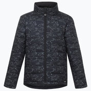 Youth quilted puffer coat with black horse print shown on plain white background