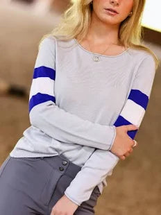 Light grey knit long sleeve sweater with stripes shown on model