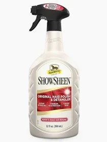 Front view of a 32 oz bottle of Absorbine ShowSheen Hair Polish & Detangler Spray on a white background