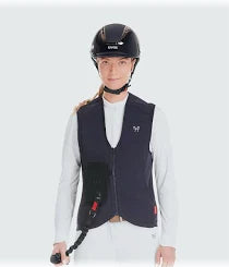 Navy airbag safety vest with lanyard shown on model on plain white background