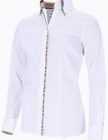 White long sleeved button down top with collar and tan plaid inner print shown on plain white background