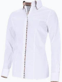 White long sleeved button down top with collar and tan plaid inner print shown on plain white background