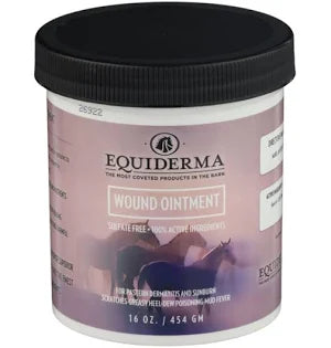 A 16 oz plastic tub of Equiderma Wound Ointment with a black lid and a purple label, shown against a plain white background.