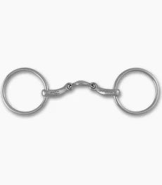 A polished silver metal horse bit with a smooth shank and circular rings, shown against a plain light gray background.