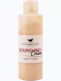 Tan bottle of boot cream with white label on plain white background