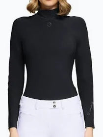 Mock neck long sleeved black training top with logo shown on model on plain white background