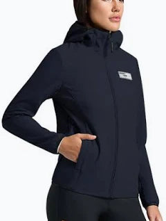 Navy blue softshell full zip hooded jacket white grey logo shown on model