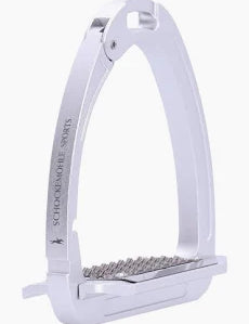A silver safety stirrup with a textured footbed and white printed branding, shown against a plain white background.