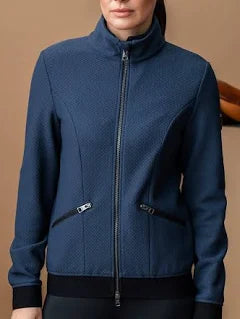Navy full zip textured sweater with black accents shown on model