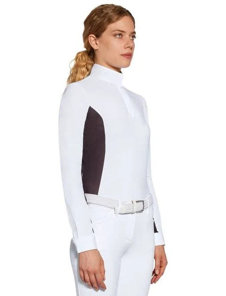 Black and white long sleeve show shirt shown on model in front of plain white background