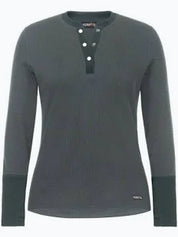 Sage textured long sleeve baselayer with silver buttons shown on plain white background