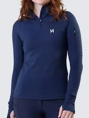 Navy quarter zip long sleeve base layer with logo shown on model in front of plain white background