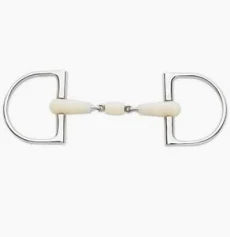 A silver metal horse bit with cream-colored ivory shanks, shown against a plain white background.