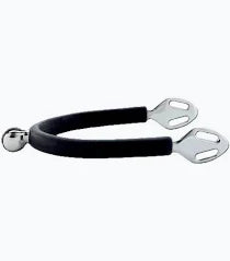 Silver metal riding spurs with black rubber coating shown on a plain white background