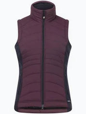 Dark purple colored quilted vest with black side panels shown on plain white background