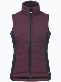 Dark purple colored quilted vest with black side panels shown on plain white background
