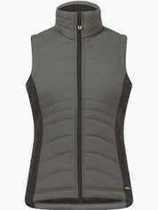 Dark sage colored quilted vest with black side panels shown on plain white background