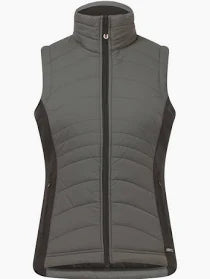 Dark sage colored quilted vest with black side panels shown on plain white background